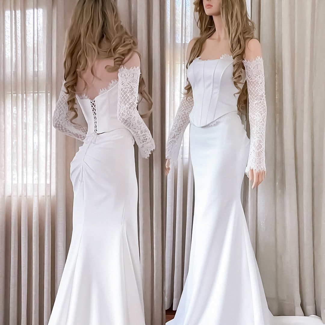 Fit and Flair Corset Wedding Dress With Detachable Lace Sleeves, Bridal ...