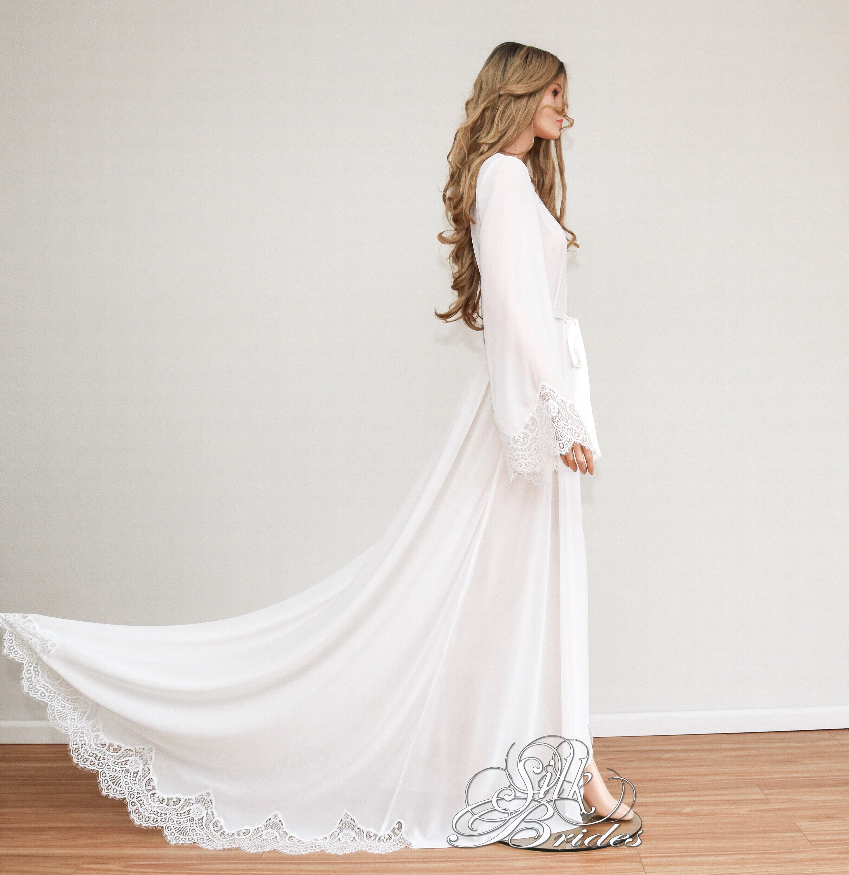 Chiffon Robe Long Transparent Long Chiffon Bridal Robe With Lace Trim Train, Boudoir ...