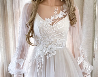 Long Puff Sleeves  Wedding Dress with 3D Floral Lace Details, Tulle Skirt Bridal Dress with Long train.