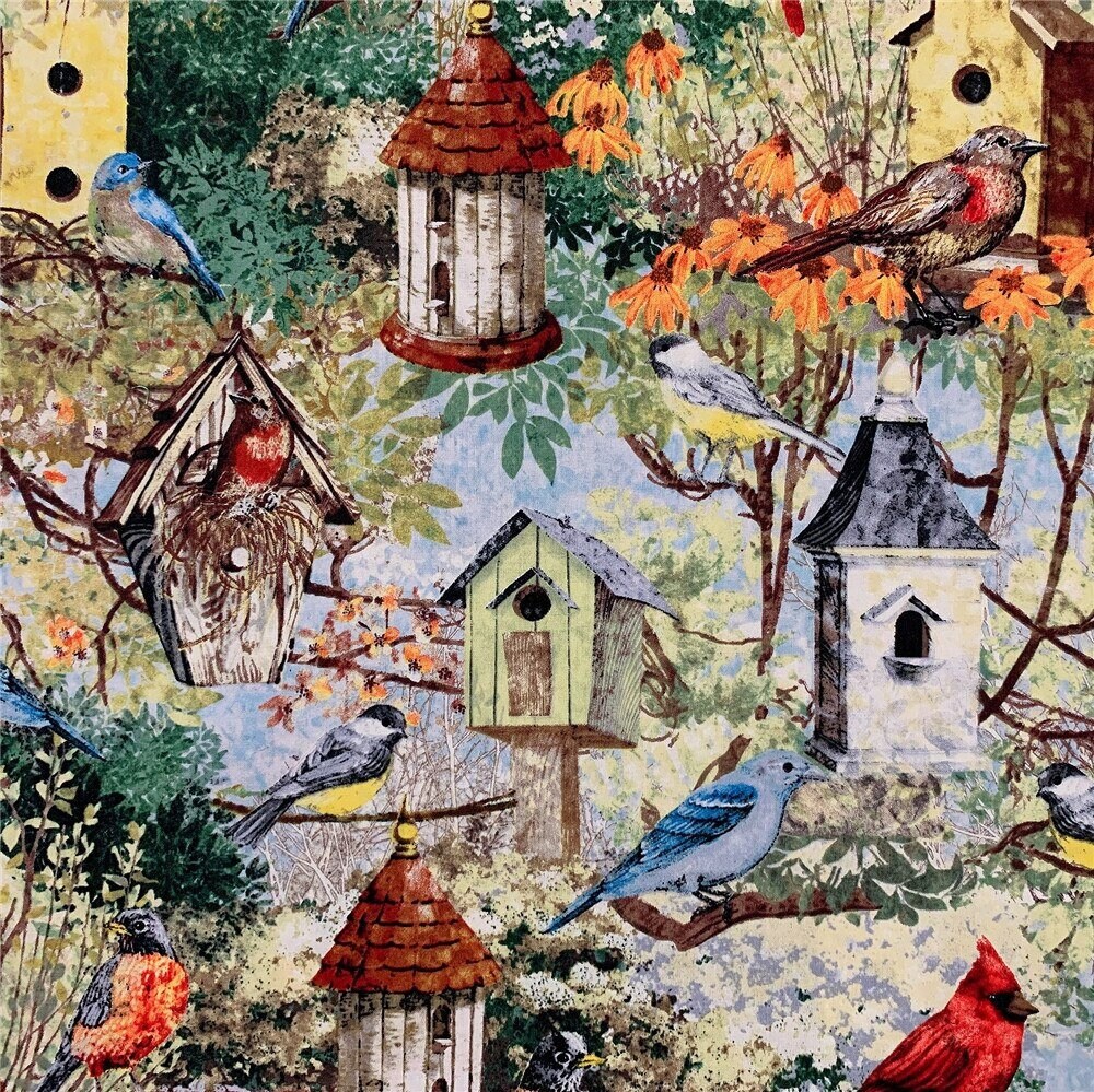 Birds Bird House Trees Vintage Inspired 100 Cotton Fabric Etsy