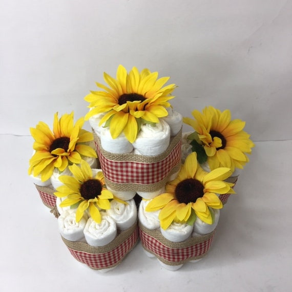 Sunflower Gingham Burlap Mini Diaper Cakes Red White Picnic Barbecue Theme Baby Shower Table Centerpieces Set Of 6