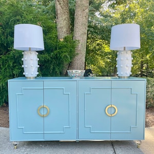 Faux Bamboo Credenza Buffett Sideboard Breakfront Custom Made in America All Wood Painted High Gloss Blue with Gold & Acrylic Hardware