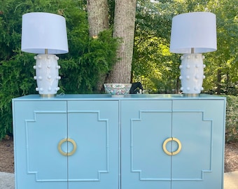 Faux Bamboo Credenza Buffett Sideboard Breakfront Custom Made in America All Wood Painted High Gloss Blue with Gold & Acrylic Hardware