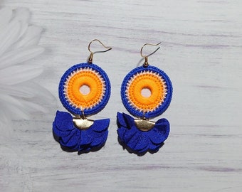 Eye-catching neon earrings, Spanish style dance jewelry for woman, Elegant royal blue dangle, Gift for latino girlfriend, Bohemian adornment