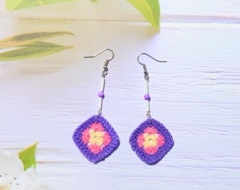 Delicate violet crochet earrings, Spring colors jewelry for woman, Micro granny square motives, Her first anniversary gift, Geometric dangle