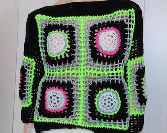 Neon colors sweater, Loos crochet sweater, Neon pink and yellow, Black crochet tunic, Colorful crochet pullover, Gift for woman, Spring time