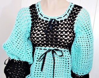 Lace sexy wear for woman, Crochet dual color tunic for her, Long wide sleeves sweater, Unique everyday fashion, Modern style crochet blouse