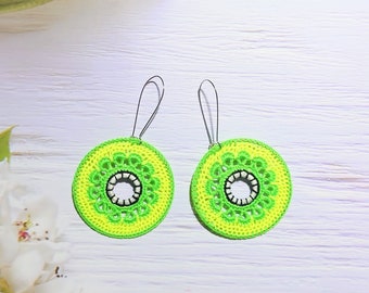 Neon colors big hoop earrings, Awesome handcrafted dangle for beach photosession, Summer bohemian woman outfit, Amazing glow party look