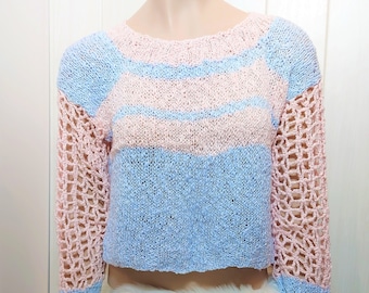 Stylish cool knitted sweater for girl, Cozy handmade sexy pullover for woman, Pastel colors wear for summer days, Openwork clothes for her