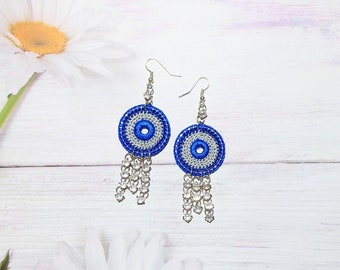 Long shiny earrings for evening date, Royal blue jewelry to classic outfit, Zircon glitter adornment, Glamorous style for photo session