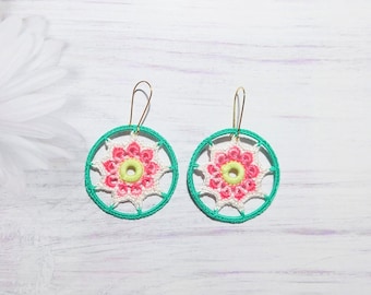 Colorful bohemian hoop earrings, Floral beautiful dangle for summer outfit, Hippie style girl delicate adornment, Holiday gift for sister