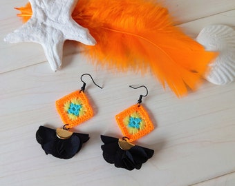 Granny square amazing earrings, Little luxury gift for wife, Neon orange micro crochet jewelry, Ruffles bijouterie for sister, Charming look