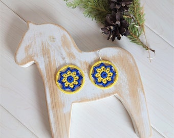 Hoop earrings, Ukrainian or Swedish colors earrings, Crochet jewelry, Statement earrings, Personalized gift, Crochet flowers, Yellow - Blue