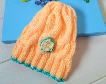 Cable knitted cute beanie for little girl, Delicate baby accessories for cold days, Neon orange warm hat for kids, Gift from grandmother