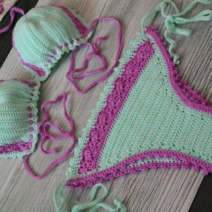Pastel mint crochet bikini for her, Summer vibes outfit, Active fitness girl swimwear, Sport clothes on the beach, Photosession on the sea image 1