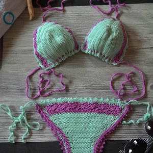 Pastel mint crochet bikini for her, Summer vibes outfit, Active fitness girl swimwear, Sport clothes on the beach, Photosession on the sea image 7