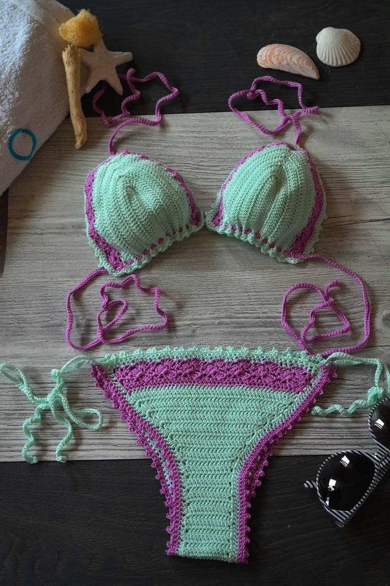 Pastel mint crochet bikini for her, Summer vibes outfit, Active fitness girl swimwear, Sport clothes on the beach, Photosession on the sea image 7