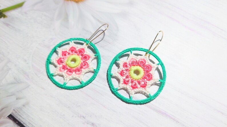 Colorful bohemian hoop earrings, Floral beautiful dangle for summer outfit, Hippie style girl delicate adornment, Holiday gift for sister image 9