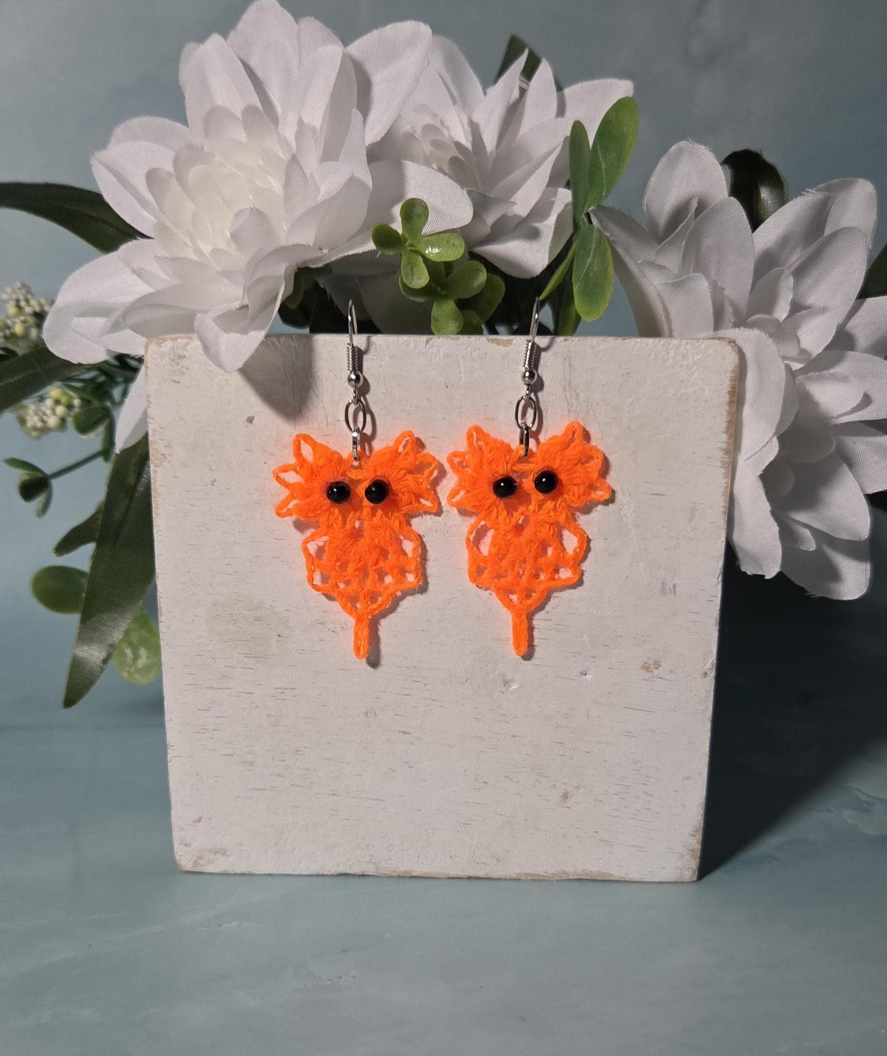 Neon orange owl earrings,Fluorescent woodland creatures ear jewellery, Quirky statement birthday gif