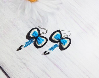 Happy bow earrings for younger sister, Micro crochet jewelry for girlfriend, Stunning X-mas gift from daddy, Multi colors funny bijouterie