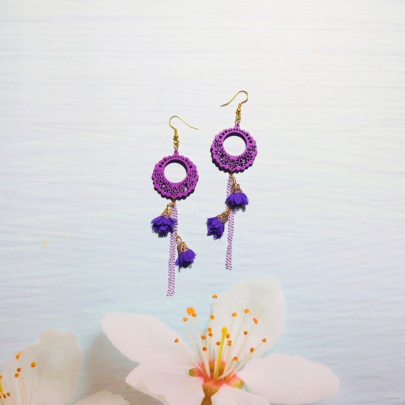 Floral delicate earrings for wedding, Wooden ornaments dangle, Beautiful jewelry gift for sister in law, 10 years together surprise for wife image 10