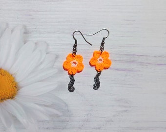 Tiny neon orange earrings for her, Flower jewelry for boho girl, Summer vibe colors dangle, Sweet bohemian gift for soul sister