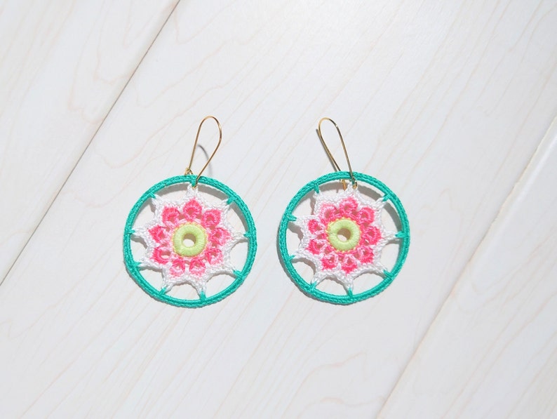 Colorful bohemian hoop earrings, Floral beautiful dangle for summer outfit, Hippie style girl delicate adornment, Holiday gift for sister image 3