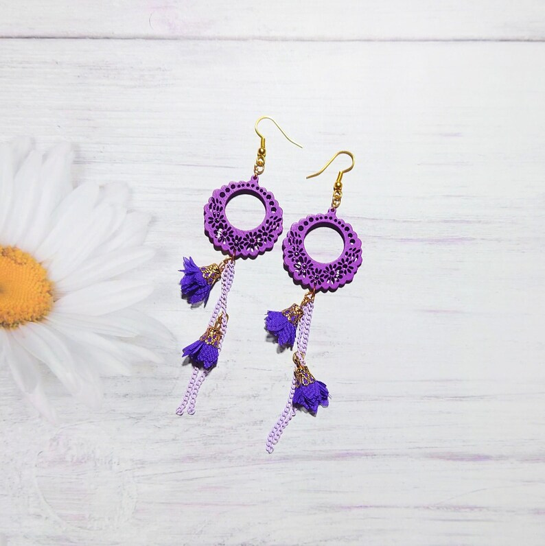 Floral delicate earrings for wedding, Wooden ornaments dangle, Beautiful jewelry gift for sister in law, 10 years together surprise for wife image 9
