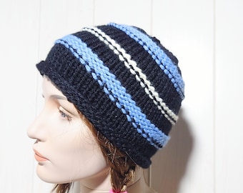 Simple style knitted hat for woman, Stylish striped beanie for autumn days, City casual outfit for working girl, Winter cozy apparel