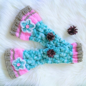 Handknitted leg warmers for woman, Warm accessories for autumn, Cozy gaiters with crochet flowers, Trendy gift for daughter, Elegant outfit image 1