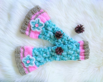 Handknitted leg warmers for woman, Warm accessories for autumn, Cozy gaiters with crochet flowers, Trendy gift for daughter, Elegant outfit