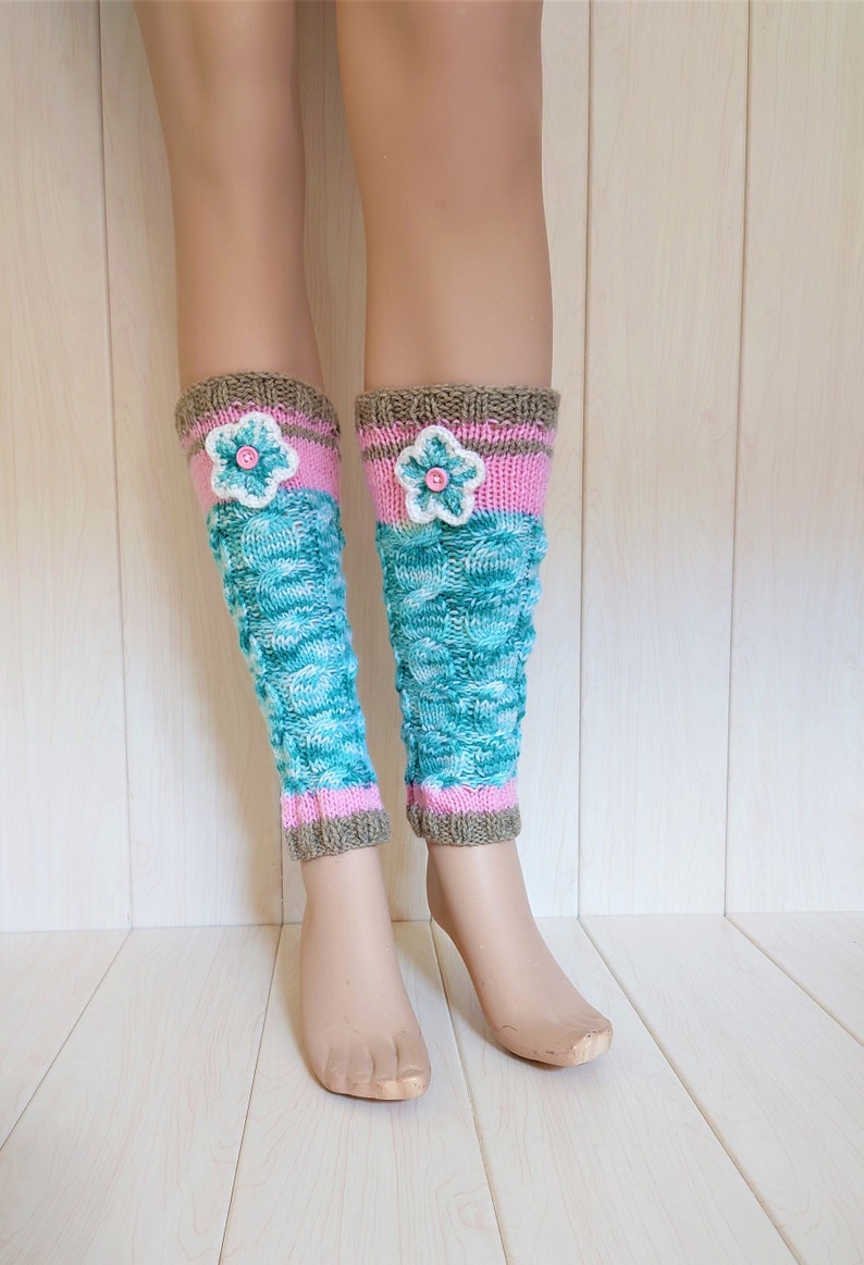 Handknitted leg warmers for woman, Warm accessories for autumn, Cozy gaiters with crochet flowers, Trendy gift for daughter, Elegant outfit image 2