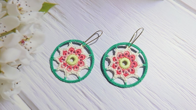 Colorful bohemian hoop earrings, Floral beautiful dangle for summer outfit, Hippie style girl delicate adornment, Holiday gift for sister image 5