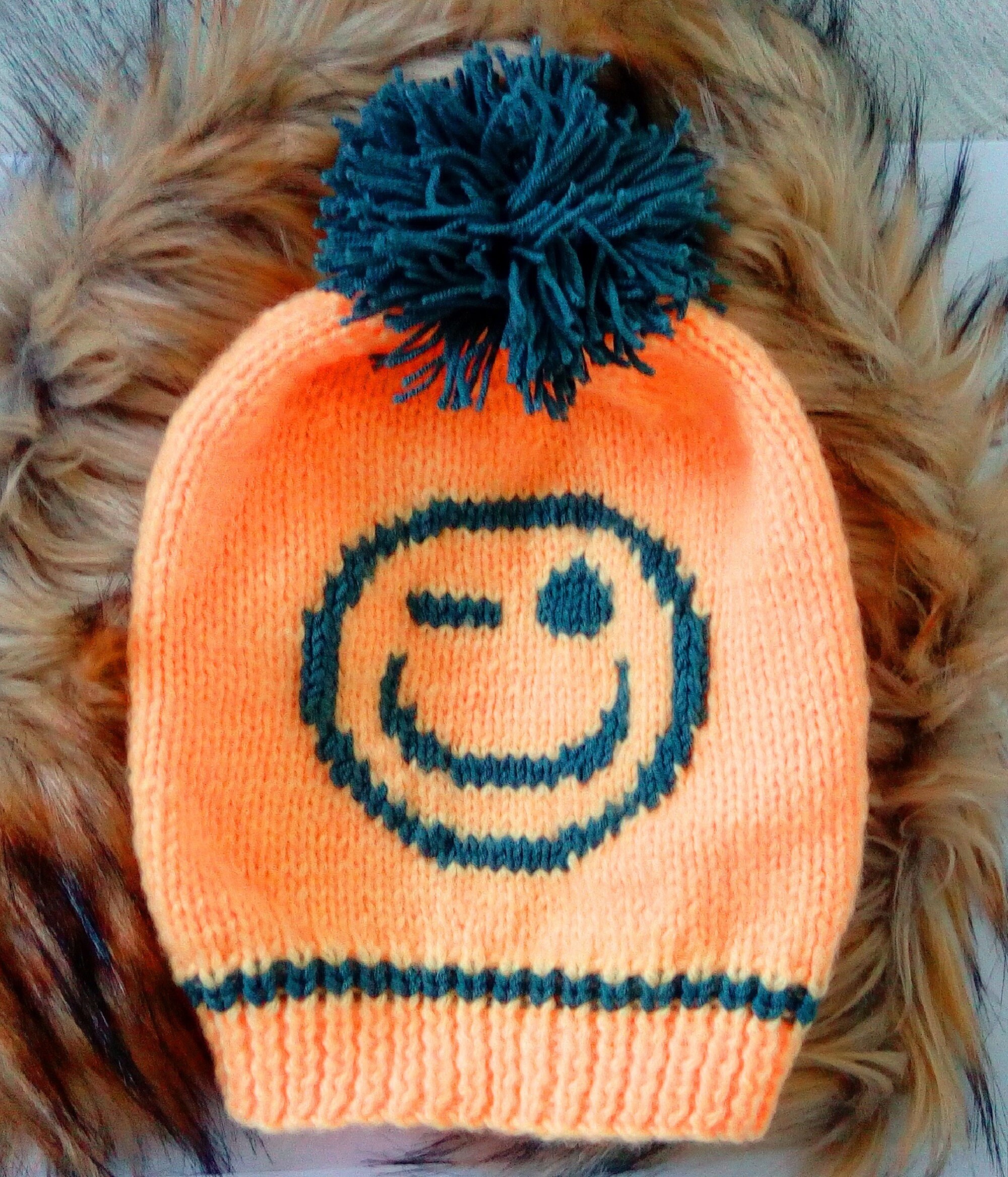 Hand Knitt Hat Emoji Beanie Neon Orange 