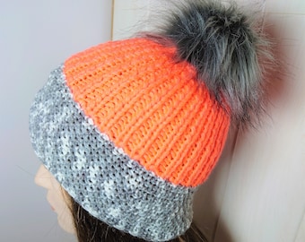 Beanie for active woman, Ski accessories for girl, Neon orange handknitted gift, Urban style outfit, Funny eco pompom, For cold days in city