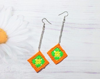 Granny square modern earrings for woman, Happy colors summer jewelry, Best gift for crocheter girl, Thank you my work bestie