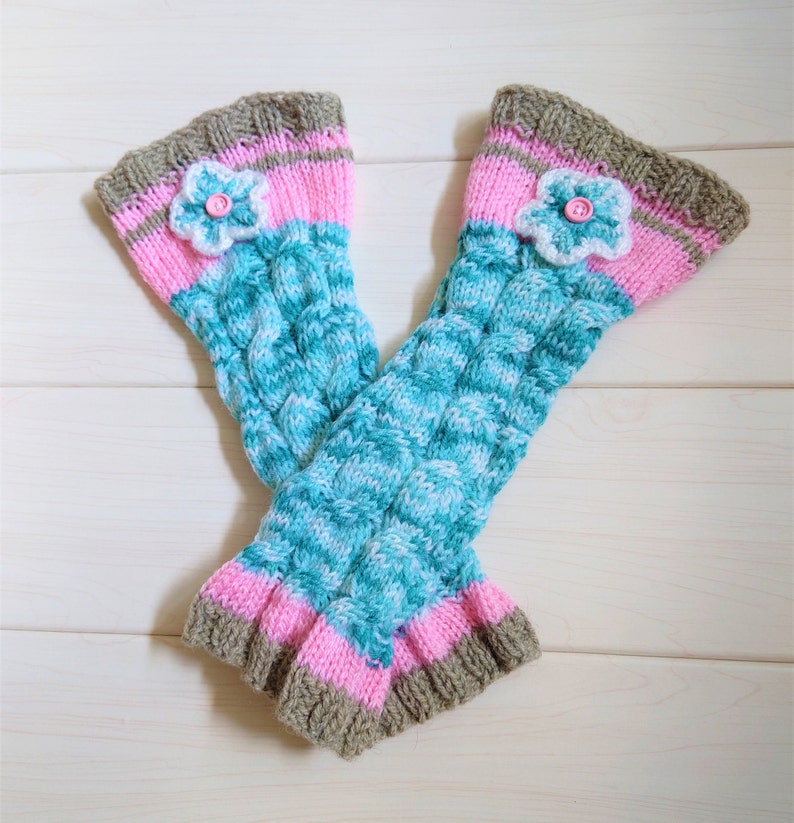 Handknitted leg warmers for woman, Warm accessories for autumn, Cozy gaiters with crochet flowers, Trendy gift for daughter, Elegant outfit image 4