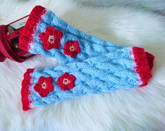 Blue knitted leg warmers for woman, Charming gaiters with crochet flowers, Boho birthday gift for girlfriend, Country style outfit