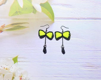 Cute neon bow earrings for sister, Amazing sweet jewelry gift, For 90's lovers present, Birthday surprise from father, For everyday outfit