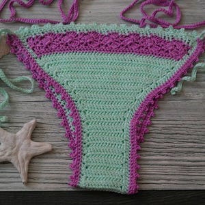 Pastel mint crochet bikini for her, Summer vibes outfit, Active fitness girl swimwear, Sport clothes on the beach, Photosession on the sea image 9