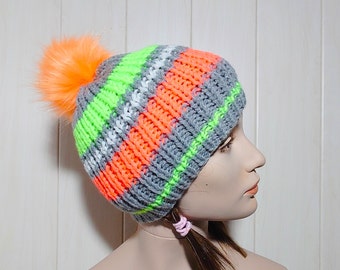 Beanie man and woman, Happy Pompom Beanie, Winter Stripes Hat, Sport Accessories, Unisex Beanies, Neon colors hat, Beanie hat, For girls