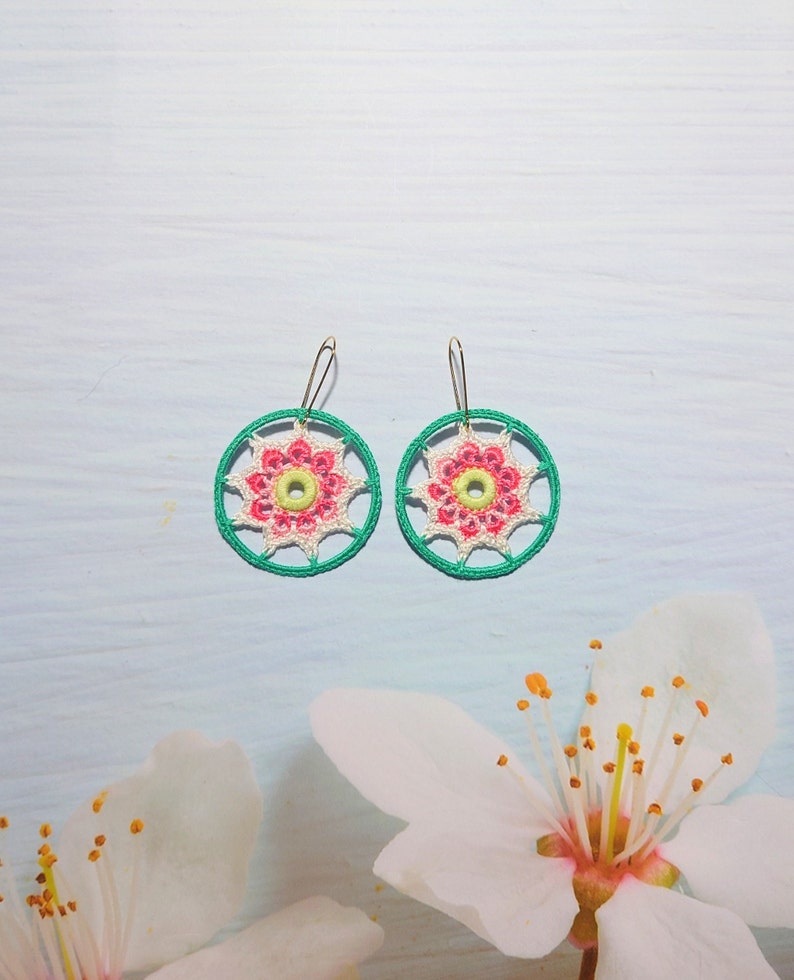 Colorful bohemian hoop earrings, Floral beautiful dangle for summer outfit, Hippie style girl delicate adornment, Holiday gift for sister image 10