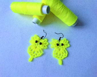 Neon cute owl earrings, Crochet little birds jewelry, Personal gift for animal lovers, Thank you unique present, Lucky bijouterie for her