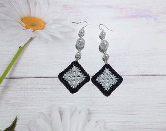 Romantic earrings for best friend, Delicate geometric jewelry for woman, First anniversary gift, Silver and black square bijouterie