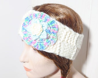 Cozy headband with flowers, Urban fashionista trendy outfit, Winter stylish earwarmers for woman, Handknitted autumn accessory for girl