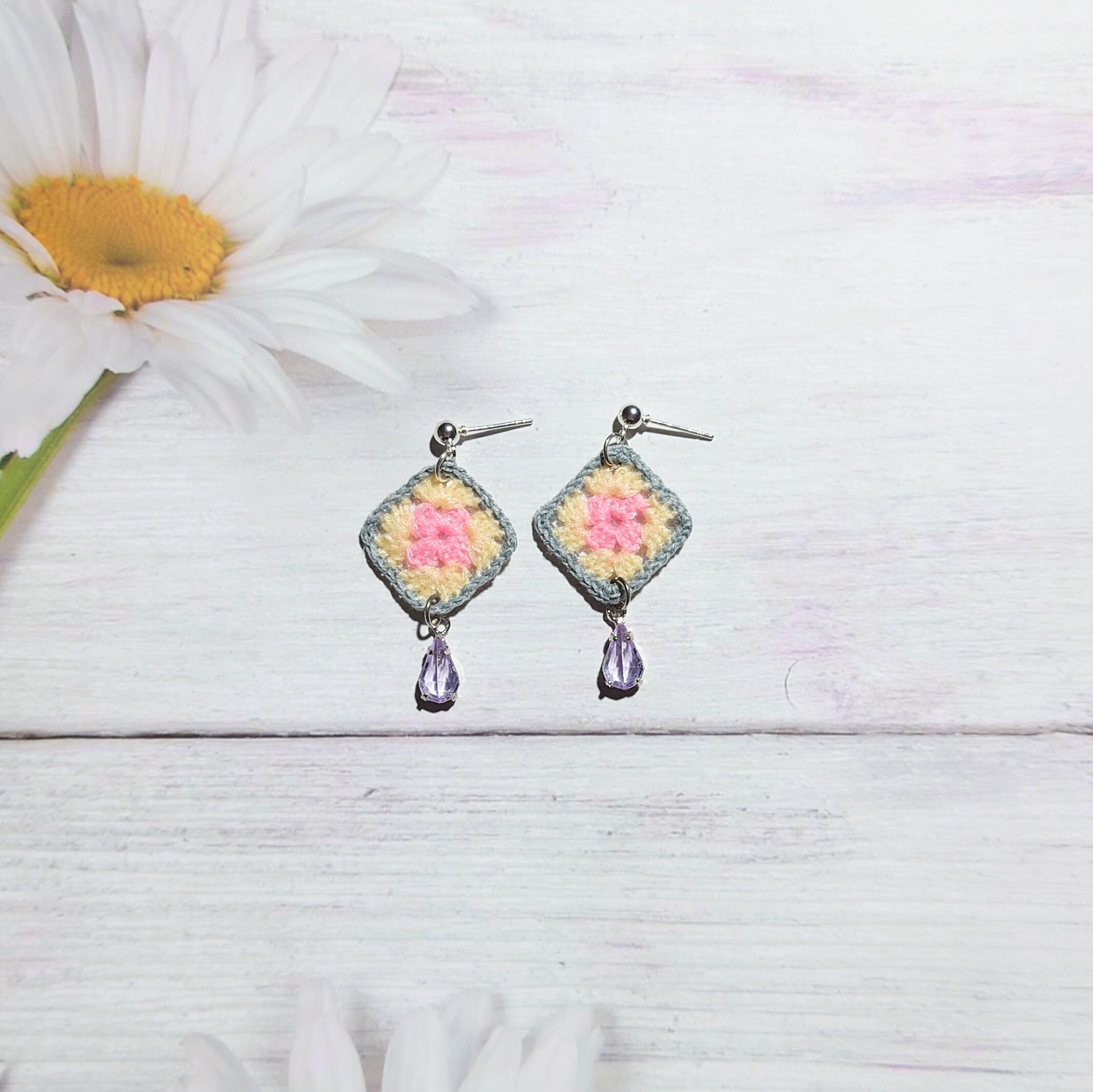 Aesthetic Birthday gift for mother, Tiny romantic earrings from husband, Modern granny square jewelry, Micro dangle for 20 anniversary
