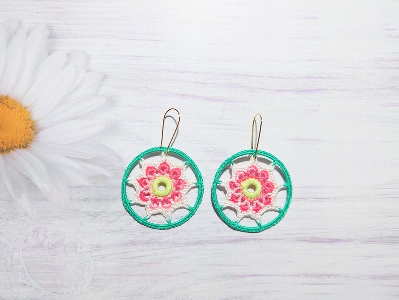 Colorful bohemian hoop earrings, Floral beautiful dangle for summer outfit, Hippie style girl delicate adornment, Holiday gift for sister image 1