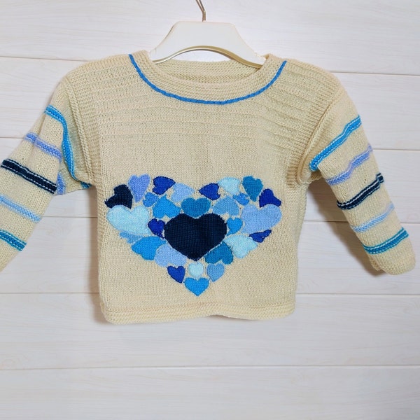 Unique sweater for little gentleman, Cozy knitted clothes for kids, Gender neutral wear with hearts motives, Children fashionista outfit