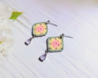 Aesthetic Birthday gift for mother, Tiny romantic earrings from husband, Modern granny square jewelry, Micro dangle for 20 anniversary