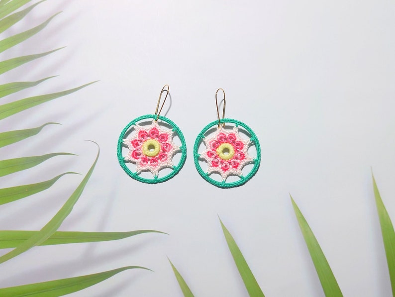 Colorful bohemian hoop earrings, Floral beautiful dangle for summer outfit, Hippie style girl delicate adornment, Holiday gift for sister image 6